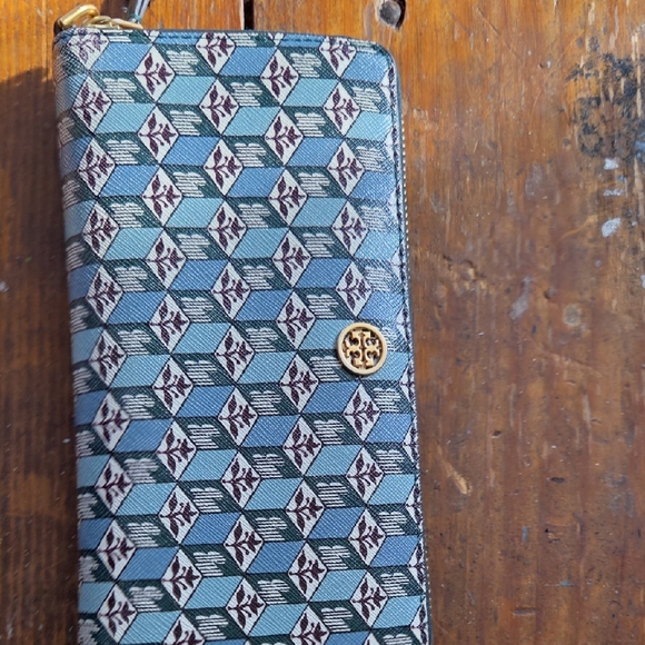 Tory Burch Blue and Brown Geometric Wallet